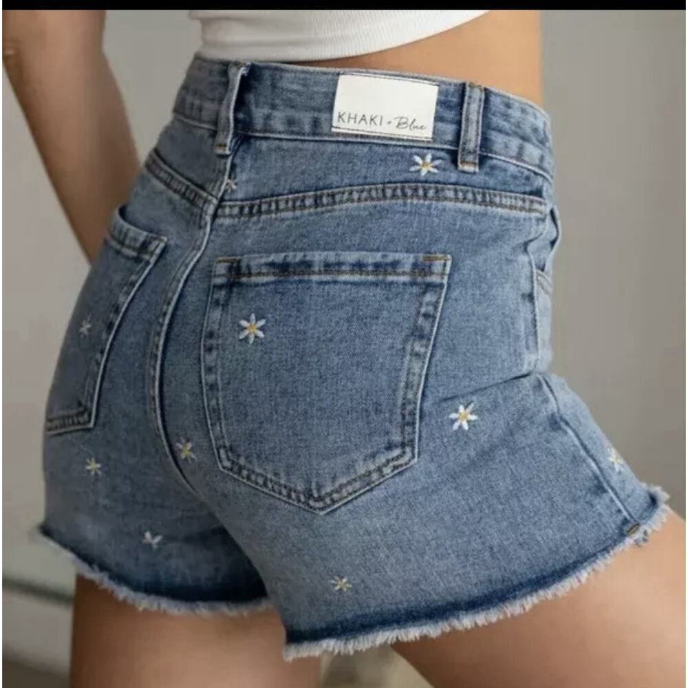 Khaki Blue Denim Shorts Daisy Embroidered High Rise Frayed Hem Juniors…